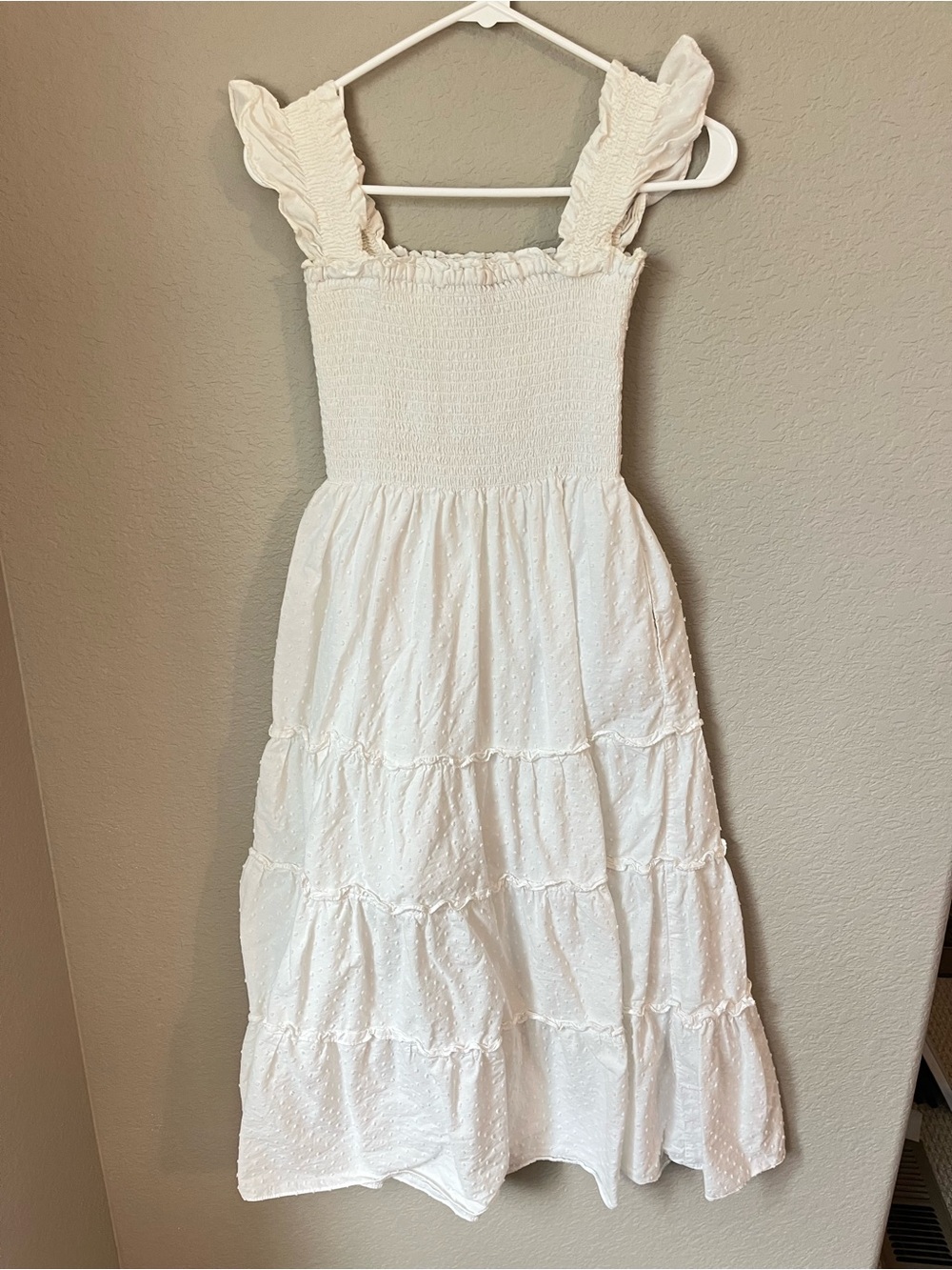 O.P.T. White Swiss Dot Smocked Tiered Midi Dress M Cottagecore Bridal Cotton